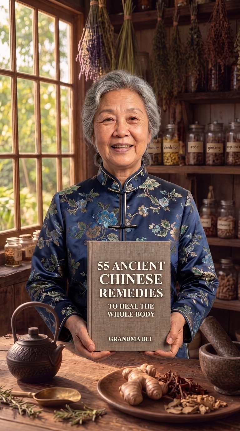Grandma Bel holding the book 55 Ancient Chinese Remedies